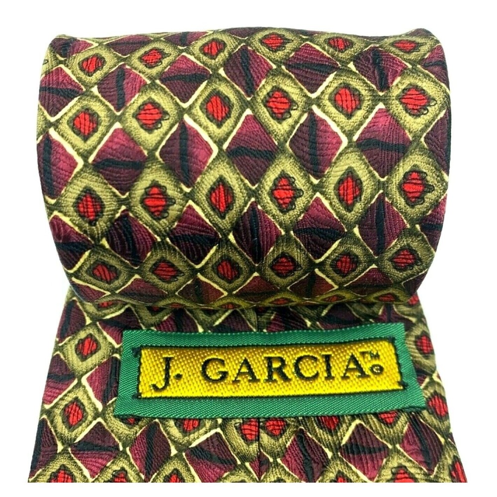 JERRY J GARCIA Tie Burgundy Purple Khaki Brown Red Black Silk Hand Made Necktie